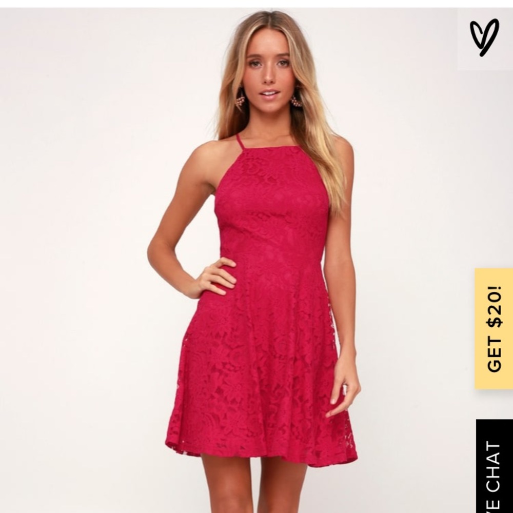Lulu’s hot pink high neck lace dress!💕